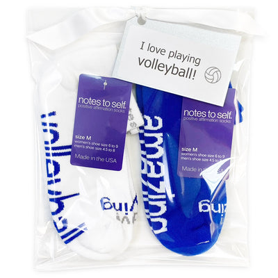 I love playing volleyball and I am amazing socks in a gift bag 