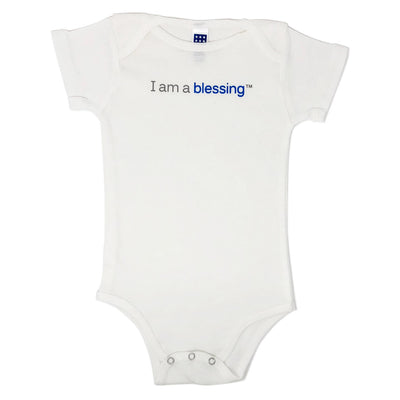 i am a blessing white and blue baby one-piece shirt