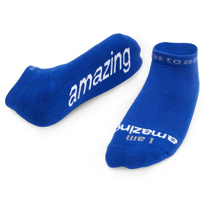 i am amazing blue socks with inspirational words