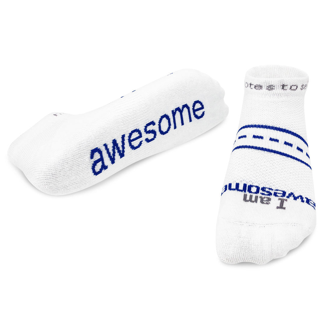 'I am awesome' LITENOTES socks white with blue words lowcut