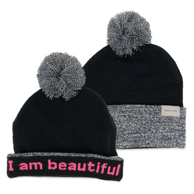 i am beautiful beanie hat shown with single and double cuff