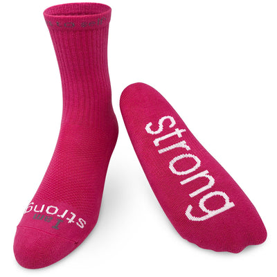 i am strong crew socks in bright pink