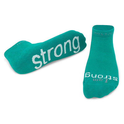 i am strong teal blue socks with motivational message