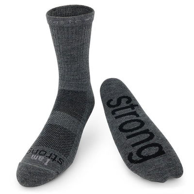 i am strong dark grey wool crew socks with inspirational words