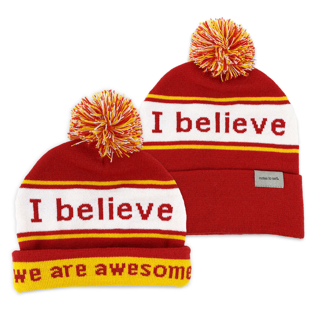 I believe™ red & gold knit beanie with We are awesome™ on 