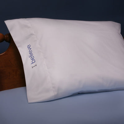 i believe cotton pillowcase with royal blue words
