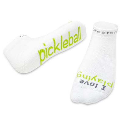 I love playing pickleball white socks with lime green words
