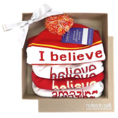 we believe red themed sock and beanie set in a kraft box