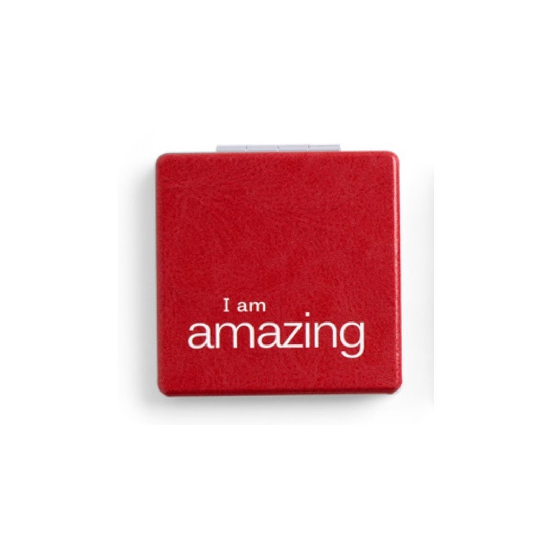 Red square pocket mirror with 'I am amazing' text in white