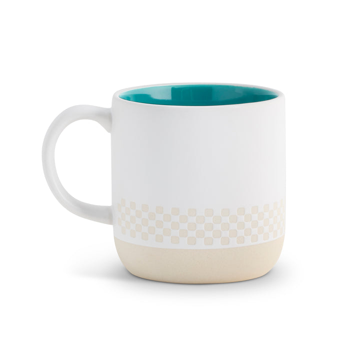 White mug with a checkered pattern and teal interior on a white background
