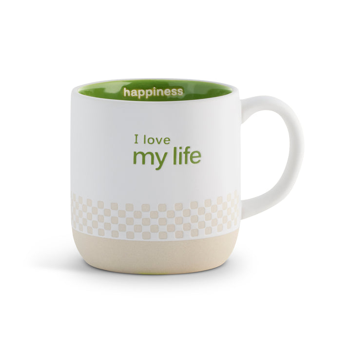 White mug with green interior, 'happiness' text, and 'I love my life' text on a white background