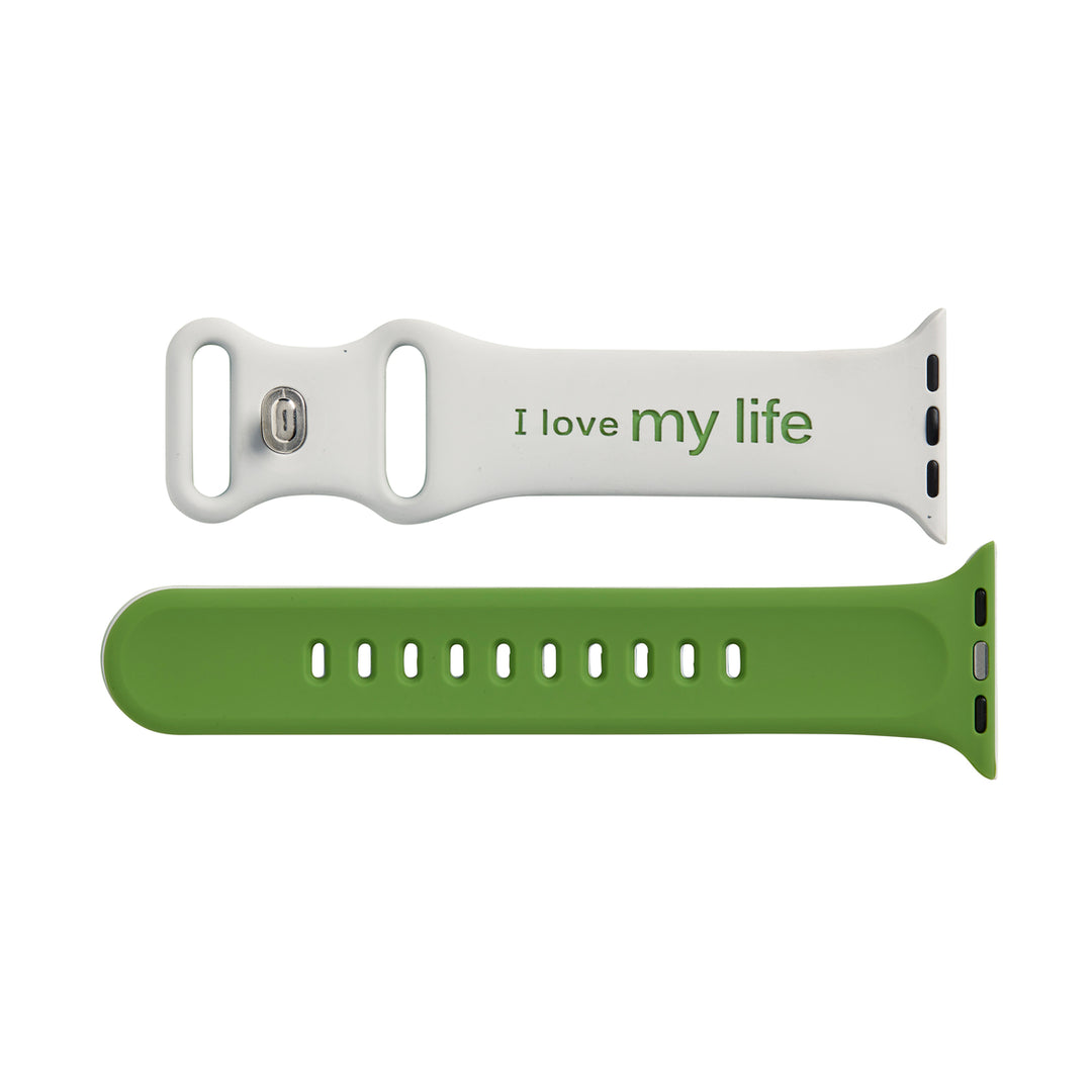 Demdaco + notes to self green and white watch band with 'I love my life' engraved. 