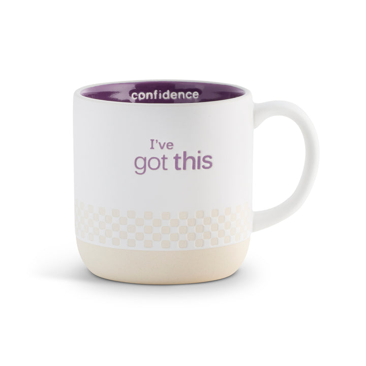White mug with purple interior and I've got this - confidence text on a white background