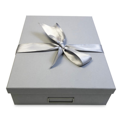 designer gift box in lt grey with silver satin ribbon