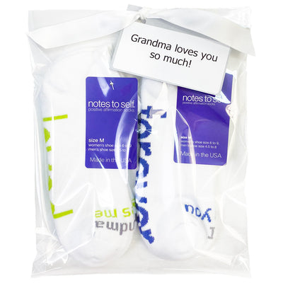 Grandma loves me - loved and I love you forever white socks in a clear gift bag