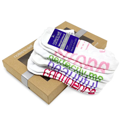 4 pair lite-notes socks gift set including strong, perfectly me, beautiful, and confidence in a kraft window box