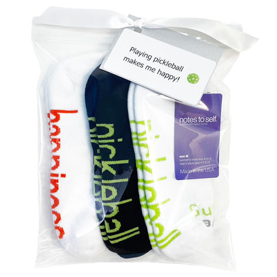 2 pairs of pickleball and 1 pair of happiness white socks in a gift bag 