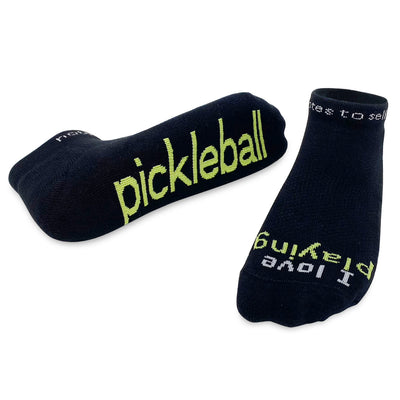 I love  playing pickleball black low cut socks with green words