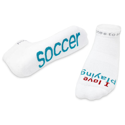 I love playing soccer white socks with teal words