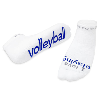 I love playing volleyball white socks with blue words