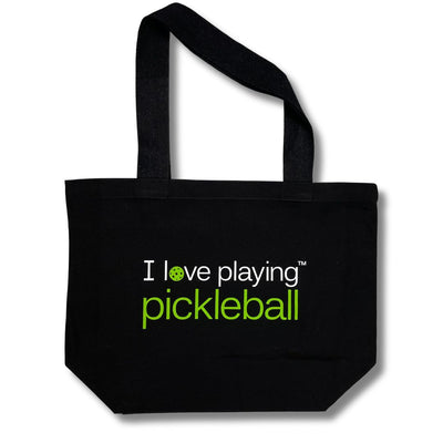 Black tote bag with printed 'I love playing - pickleball' message 
