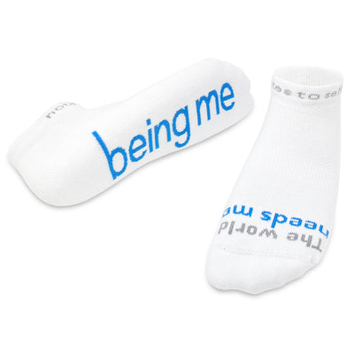 The world needs me being me white socks with blue words 