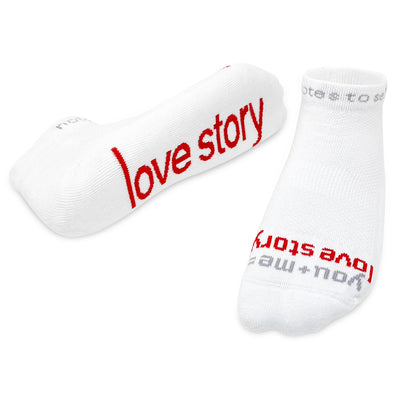 you plus me equals love story white low cut socks with red words