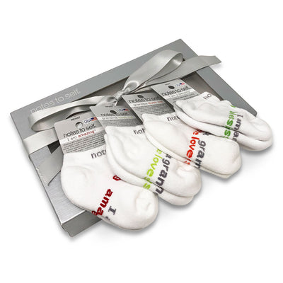 sock gift set 4 pair unisex baby socks with positive messages in silver gift box