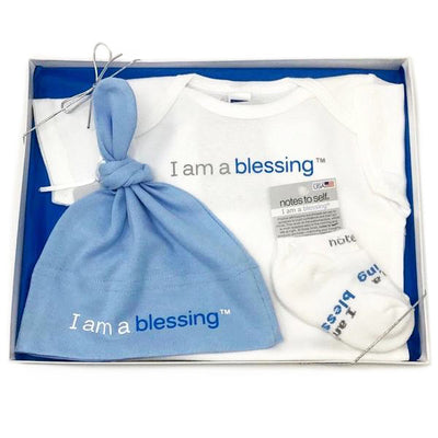 i am a blessing baby boy gift set with blue onesie socks and hat