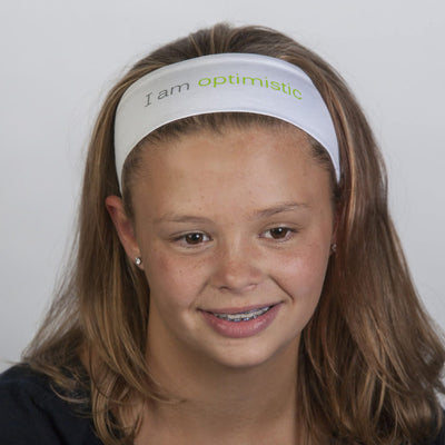 i am optimistic white headband with positive message