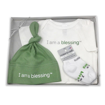 I am a blessing baby sock hat one-piece shirt green gift set
