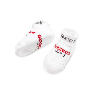 i am amazing white baby socks with positive words