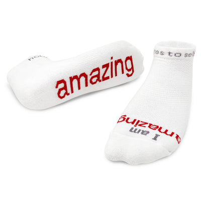 i am amazing white socks with inspirational message