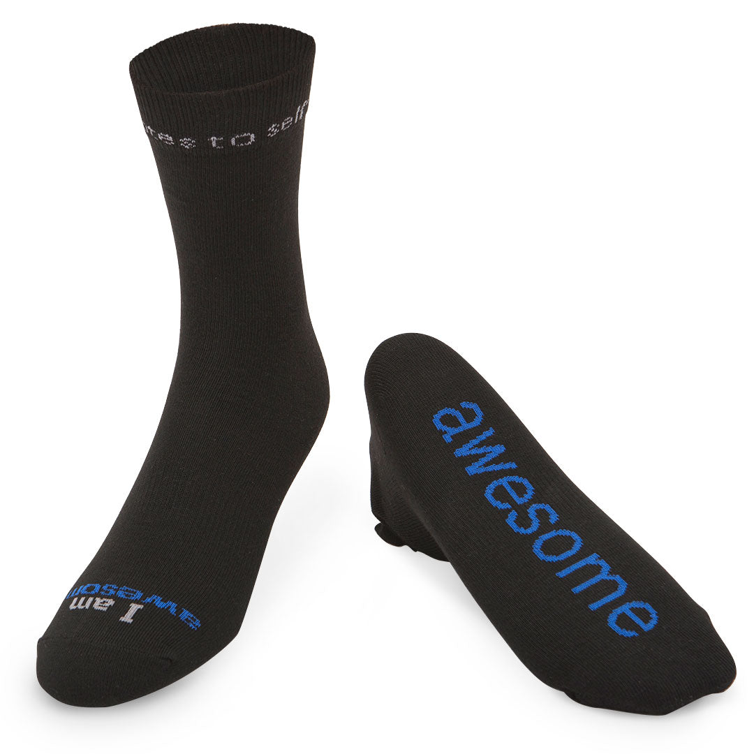 'I am awesome'® solid black DRESS sock with blue words notes to self