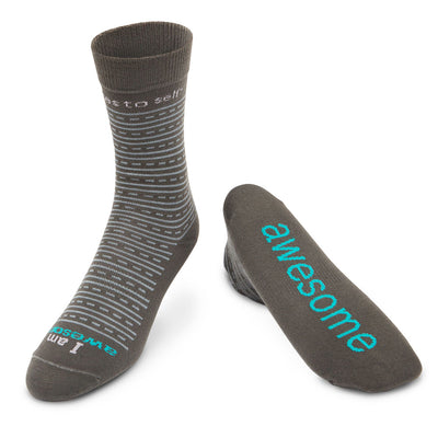 i am awesome dark grey and teal dress socks with inspirational message