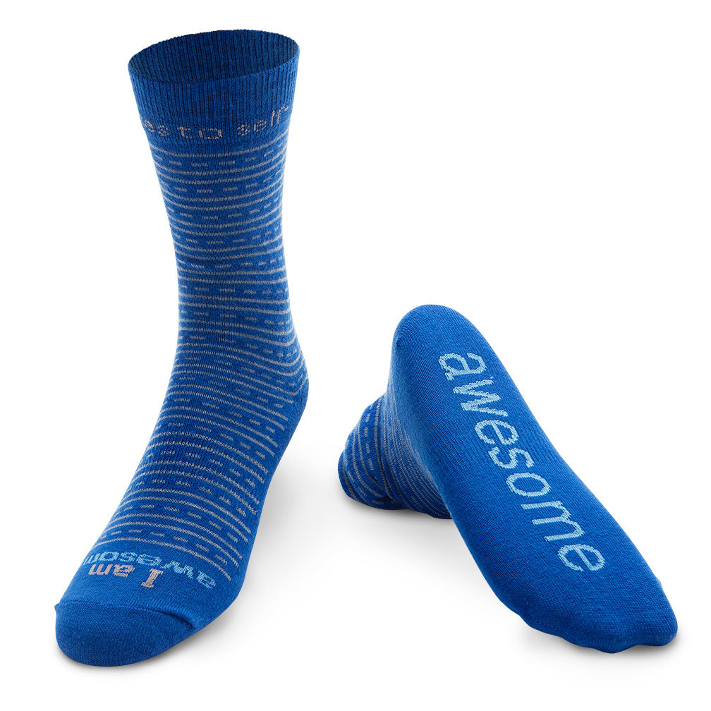 I am awesome® royal blue DRESS sock with grey pattern and blue words