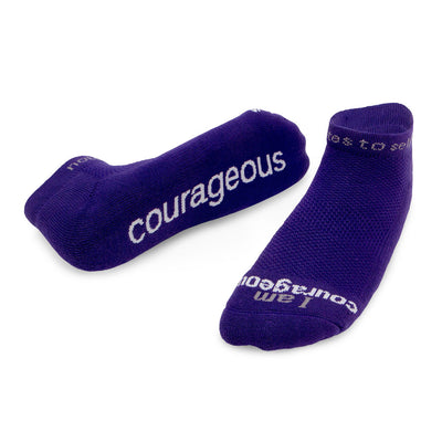 i am courageous purple socks with motivational message