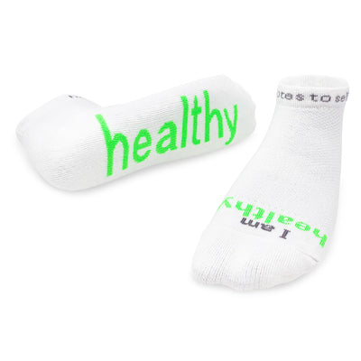 i am happy socks white with green words