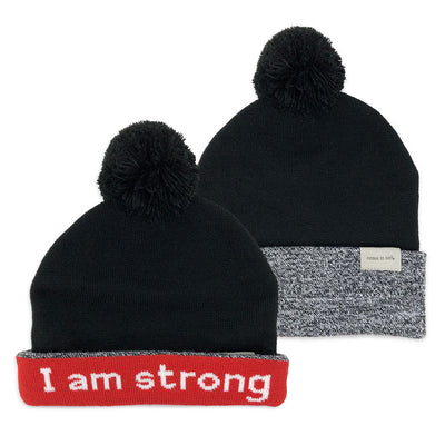 i am strong beanie hat shown with single and double cuff