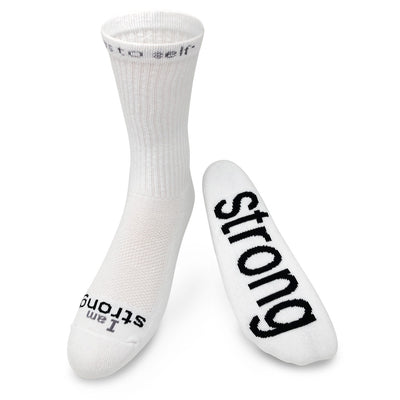 i am strong crew socks white with black words