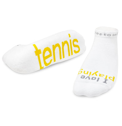 I love playing tennis white socks with yellow words